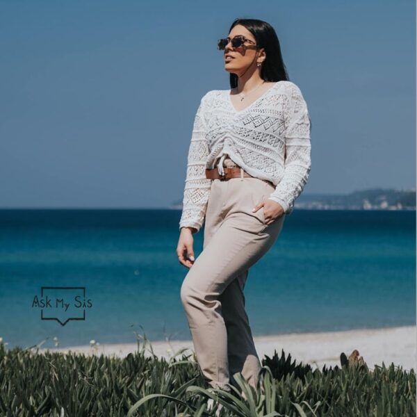 Πλεκτή Μπλούζα με Κορδόνι Εκρού