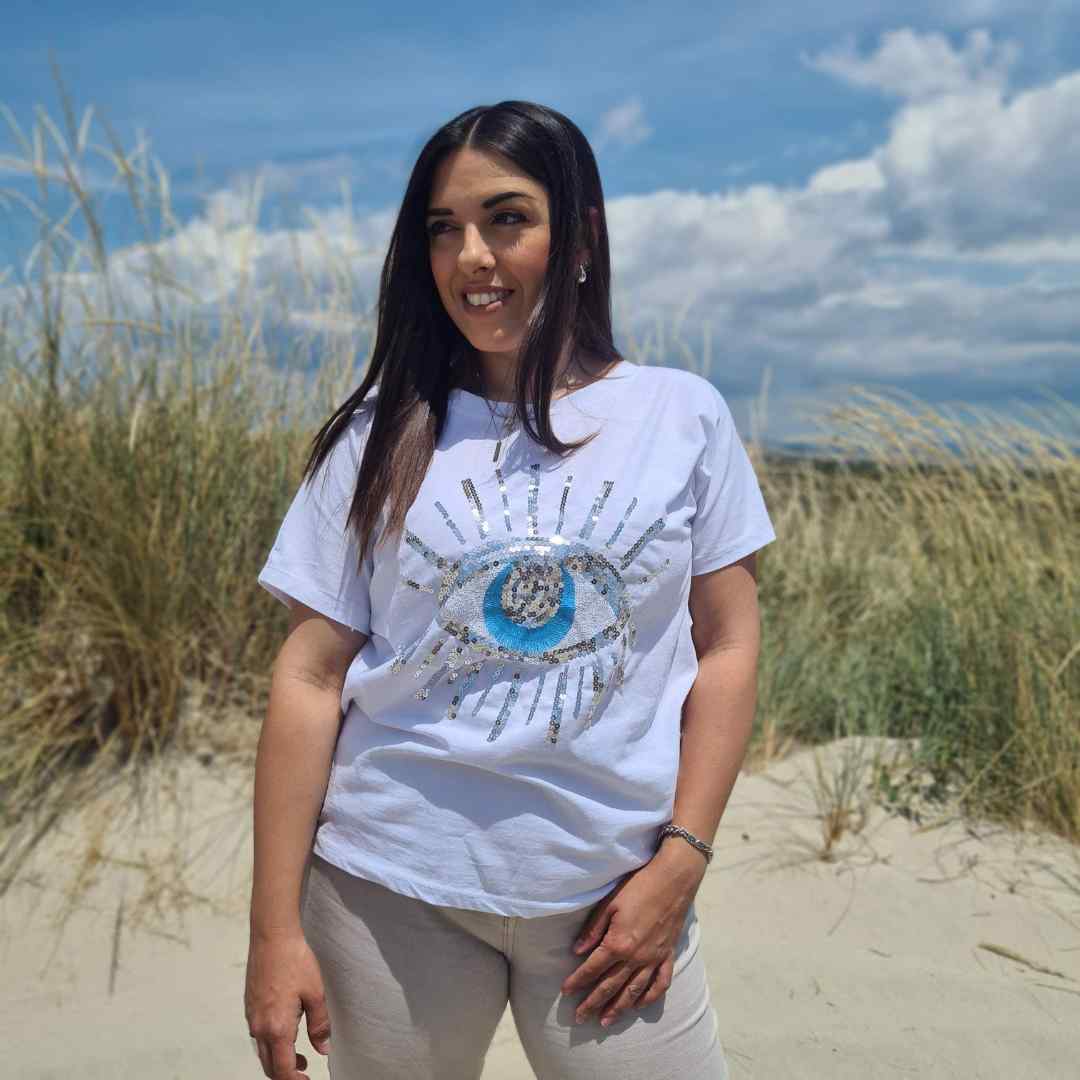 Ginaikeio Tshirt leyko me stampa mati se asimi me galazio